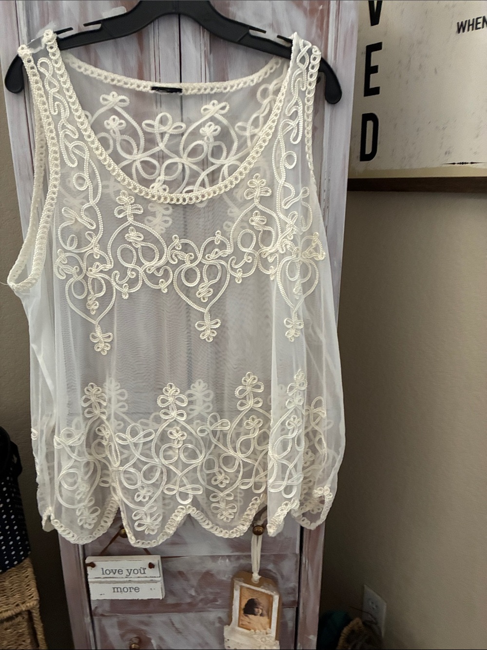 Sheer Cream Embroidered Sleeveless Top